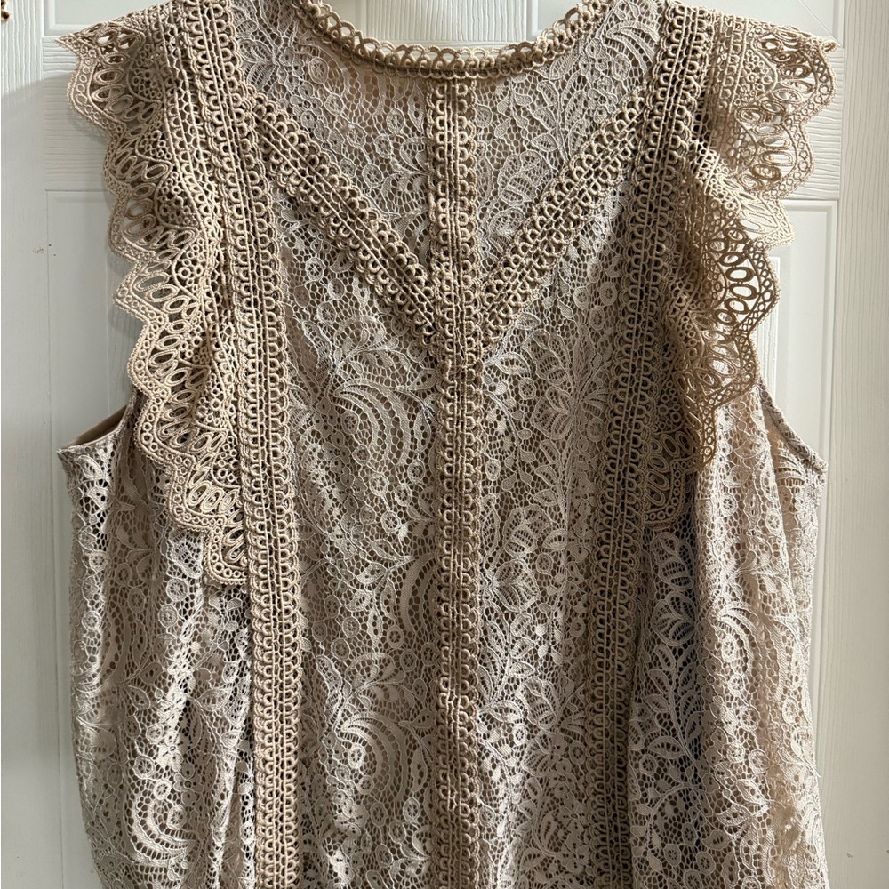 Cable & Gauge Lace Ruffle Blouse in Tan